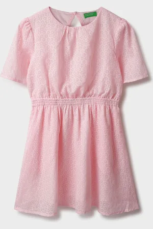 Benetton Kids-Girls Solid Short Sleeves Self Design Fit & Flare Dress