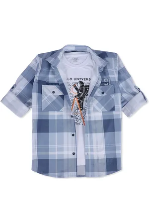CAVIO Boys Comfort Fit Checked Spread Collar Roll-Up Sleeve Pure Cotton Shirt With T-Shirt
