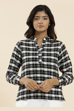 Jaipur Checked Mandarin Collar Shirt Style Top