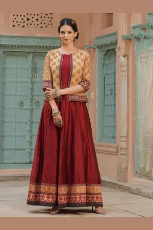 SCAKHI Printed Boat Neck Fit & Flare Maxi Ethnic Gathered or Pleated Dresses With Jacket