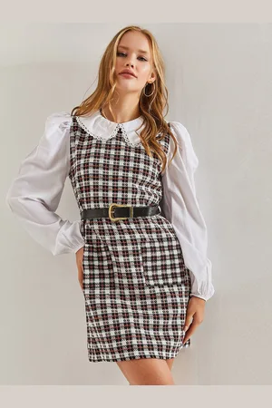 Bianco Lucci Checked Peter Pan Collar Puff Sleeve A-Line Dress