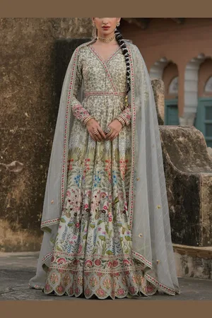 SCAKHI V-Neck Floral Printed Embellished Anarkali Ethnic Dress With Dupatta
