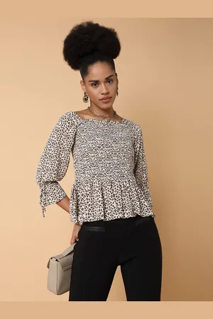 SHOWOFF Women Beige Animal Print Crepe Peplum Top