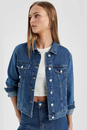 DeFacto Women Washed Crop Denim Jacket with Patchwork