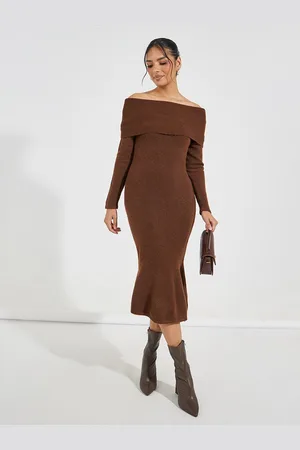 Styli Women Off Shoulder Mermaid Hem Bodycon Sweater Midi Dress