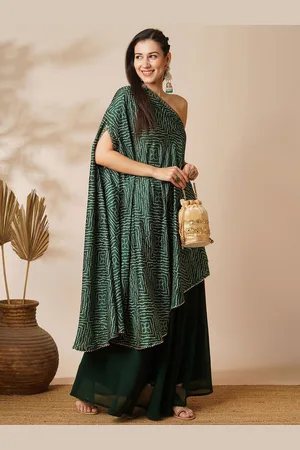 Globus Green Bandhani Printed Embroidered One Shoulder Tunic & Skirt