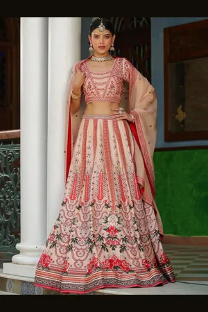 SCAKHI Floral Printed Sequinned Raw Silk Ready to Wear Lehenga & Blouse With Dupatta