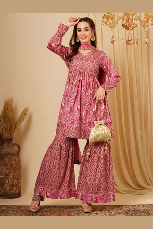 Globus Floral Printed A-Line Gotta Patti Pure Cotton Kurta with Sharara & Dupatta