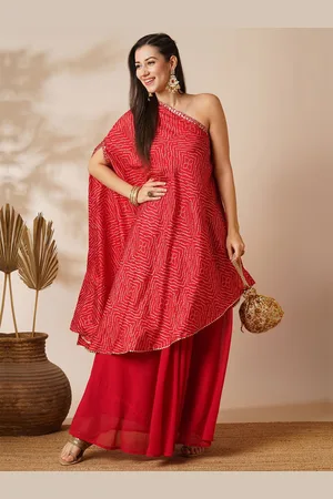 Globus Red Bandhani Printed One Shoulder Tunic & Georgette Skirt