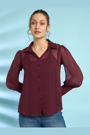 Antheaa Chiffon Lace Insert Shirt Style Top