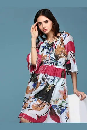 SHOWOFF Women Floral Printed Off- Shoulder Cotton Tiered Dress