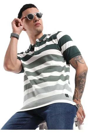 WROGN Men Striped Polo Collar Pure Cotton Slim Fit T-Shirt