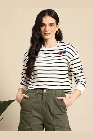 Mast & Harbour Women Pure Cotton Striped Crop Sweatshirt