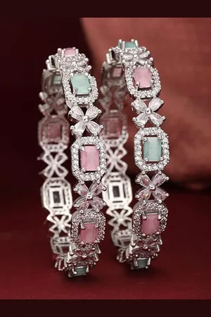 The Pari Set Of 2 Rhodium Plated American Diamond Stone Studded Bangles