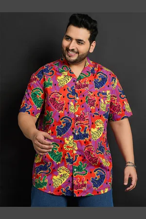 Bigbanana Plus Size Cuban Collar Animal Printed Cotton Casual Shirt