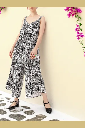 DressBerry Monochrome Tropics Cinched Waist Cropped Jumpsuit