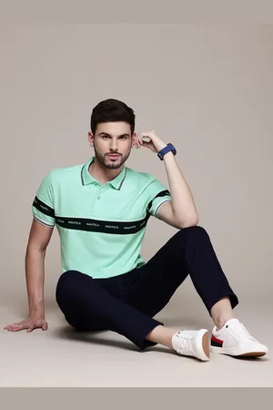 Nautica Men Brand Logo Striped Polo Collar T-shirt