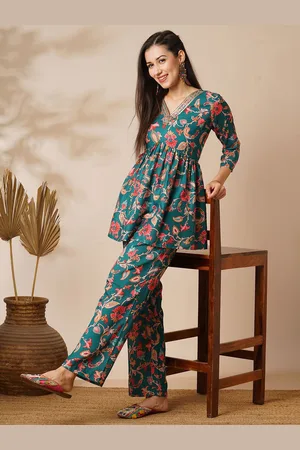 Globus Green Embroidered Jaal Print Tassel Detailing A-Line Tunic & Pant