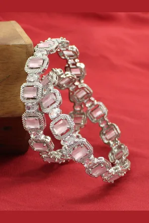 The Pari Set Of 2 Rhodium Plated American Diamond Stone-Studded Bangles