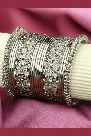 Sangria Set Of 16 Oxidised Floral Design Bangles