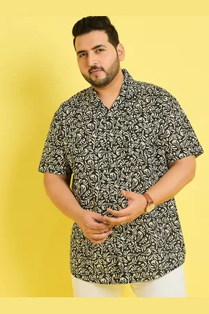 Bigbanana Plus Size Floral Printed Cuban Collar Short Sleeves Cotton Casual Shirt