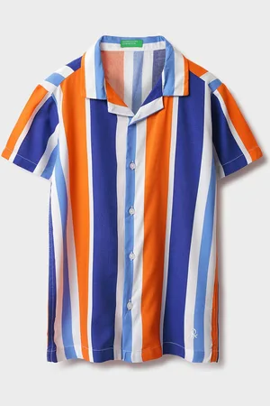 Benetton Boys Cuban Collar Vertical Striped Casual Shirt