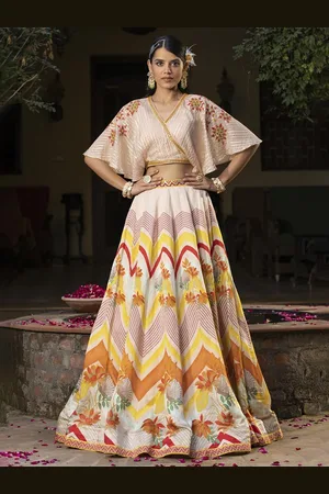 SCAKHI Thread Work Floral Printed Ready to Wear Lehenga & Blouse