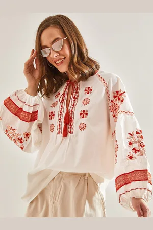 Bianco Lucci Floral Embellished Tie-Up Neck Flared Sleeve Top