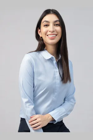 English Navy Women Spread Collar Vertical Striped Wrinkle Ressistant Formal Shirt