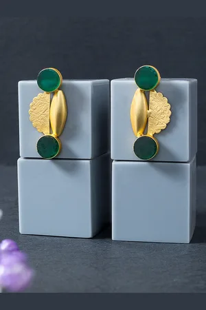 Golden Peacock Gold-Toned & Green Stone Studded Contemporary Studs Earrings
