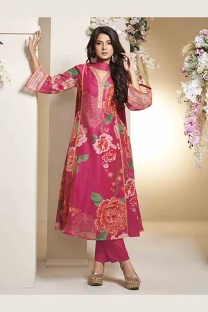 Bhama Couture Jennifer Winget Printed Chanderi Silk Anarkali Kurta With Palazzos & Dupatta