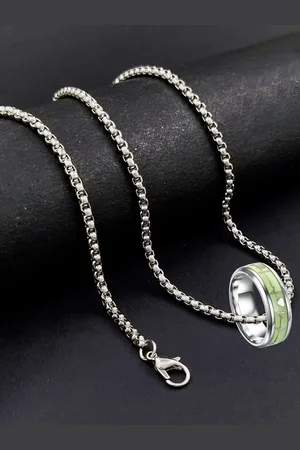 Saizen Unisex Stainless Steel Silver Plated Glow in the Dark Radium Ring Pendant & Chain