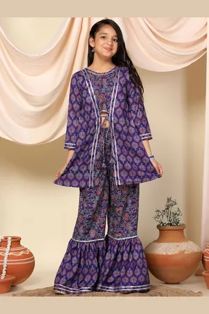 BAESD Girls Printed Round Neck Crop Inner with Attached Shrug Style Kurta And Sharara