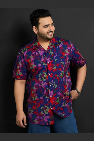 Bigbanana Plus Size Floral Printed Cuban Collar Short Sleeves Cotton Casual Shirt