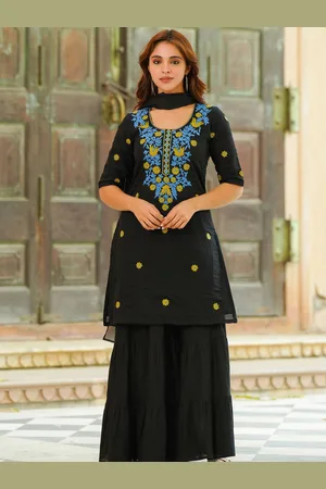 Ambraee Floral Embroidered Regular Thread Work Kurta With Sharara & Dupatta