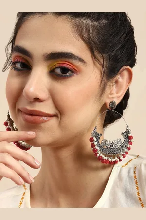 Krelin Silver-Plated Artificial Beaded Oxidised Peacock Shaped Drop Earrings