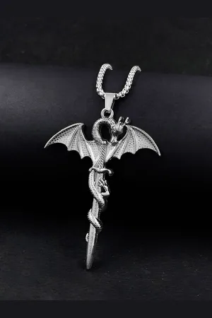 Saizen Men Stainless Steel Silver Plated Dragon Pendant With Rope Chain