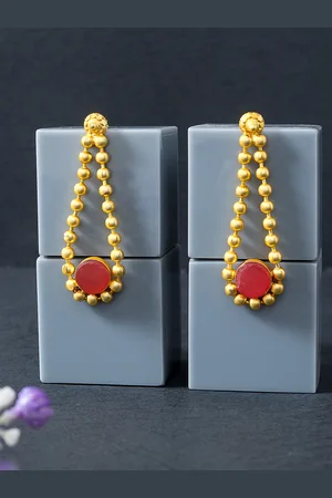 Golden Peacock Gold-Toned & Red Stone Studded & Beaded Contemporary Drop Earrings