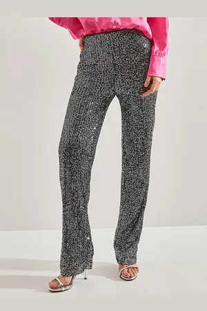 Bianco Lucci Women Striped Sequined Embellished Trousers