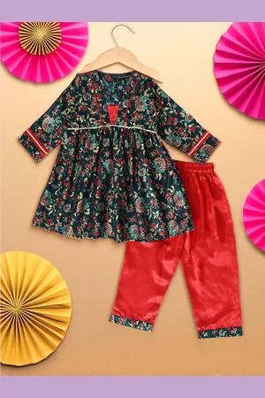 Bella Moda Girls Floral Printed A-Line Gotta Patti Silk Crepe Kurti with Trousers