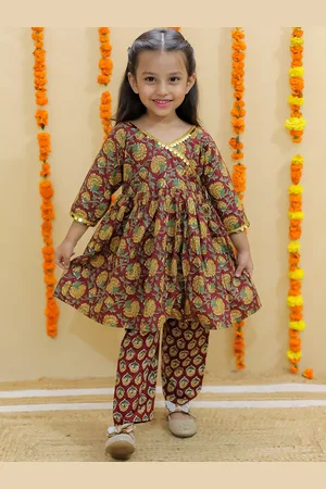The Mom Store Girls Floral Printed Angrakha Pure Cotton Anarkali Kurta With Pyjamas