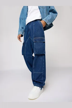 FREAKINS Men Relaxed Fit High-Rise Light Fade Cargo Jeans