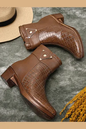 TRASE Brown Textured Block Heeled Boots with Buckles