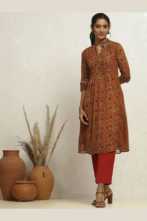 Biba Ethnic Motifs Printed Mandarin Collar Georgette A-Line Kurta