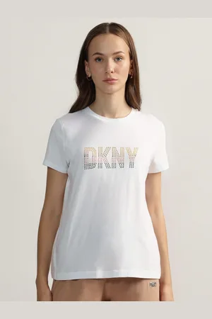 DKNY Women Solid Round Neck Cotton T-shirt