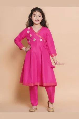 Bhama Girls Yoke Design Angrakha Thread Work Pure Cotton A-Line Kurta & Trouser