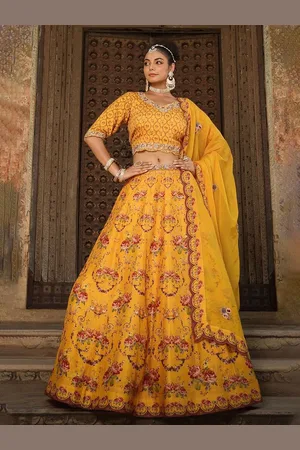 SCAKHI Floral Printed Embroidered Ready to Wear Lehenga & Blouse With Dupatta