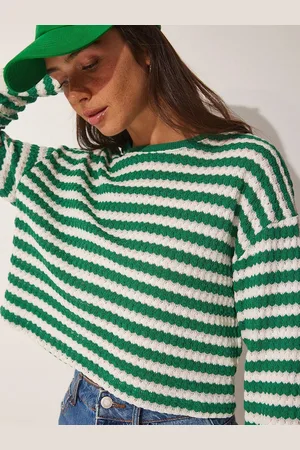 Happiness istanbul Women Striped Crop Cardigan