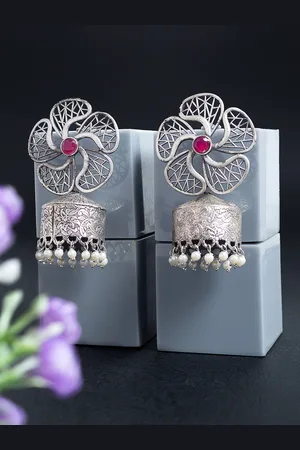 Golden Peacock Silver-Toned & Pink Beaded Floral Dome Shaped Jhumkas Earrings