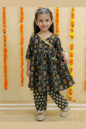 The Mom Store Girls Floral Printed Angrakha Pure Cotton Anarkali Kurta With Pyjamas